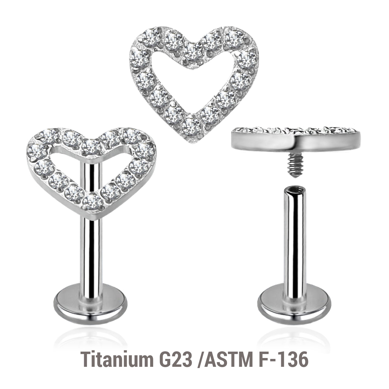 16G Titanium (Internally Threaded) Labret Heart Top